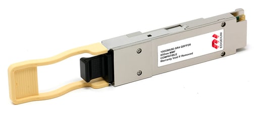 Edgeium 100GBASE-SR4 QSFP28 transceiver allowing 40Gbs transmission via fiber.   QSFP+s allow SMF or MMF connections via an LC, MPO, or MPT connectors.