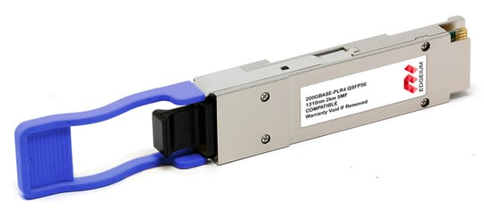 Edgeium 200GBASE QSFP56 transceiver, supporting 4x 50Gbps channels allowing 200Gbs transmission via fiber.  QSFP56s offer SMF or MMF connections via LC, MPO, or MPT connectors.