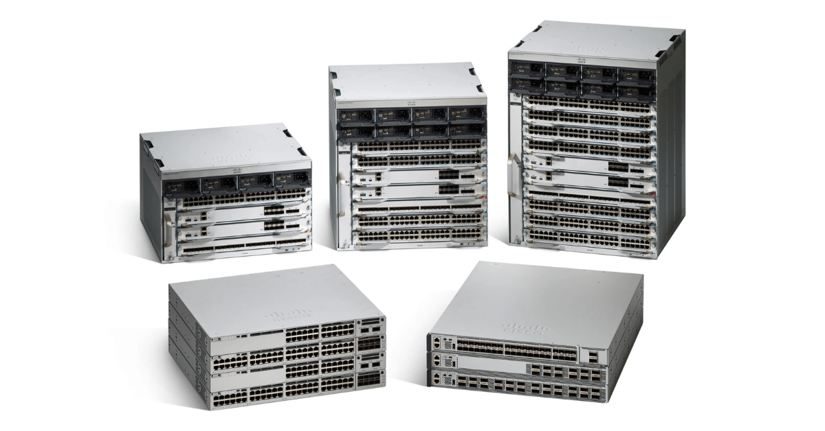 Stack of Cisco C9300 Catalyst switches highlighting hardware options for Network Essentials and Network Advantage licenses.