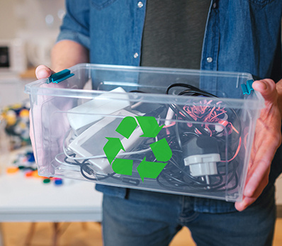 Person holding a container of electronic devices ready for recycling as part of IT asset recovery.